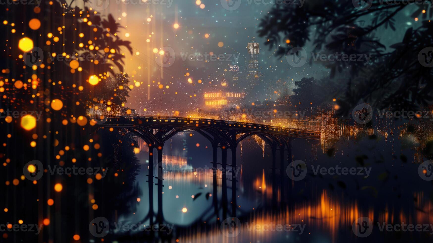 The bridge over the lake glows warmly at night, creating a stunning, romantic view. photo