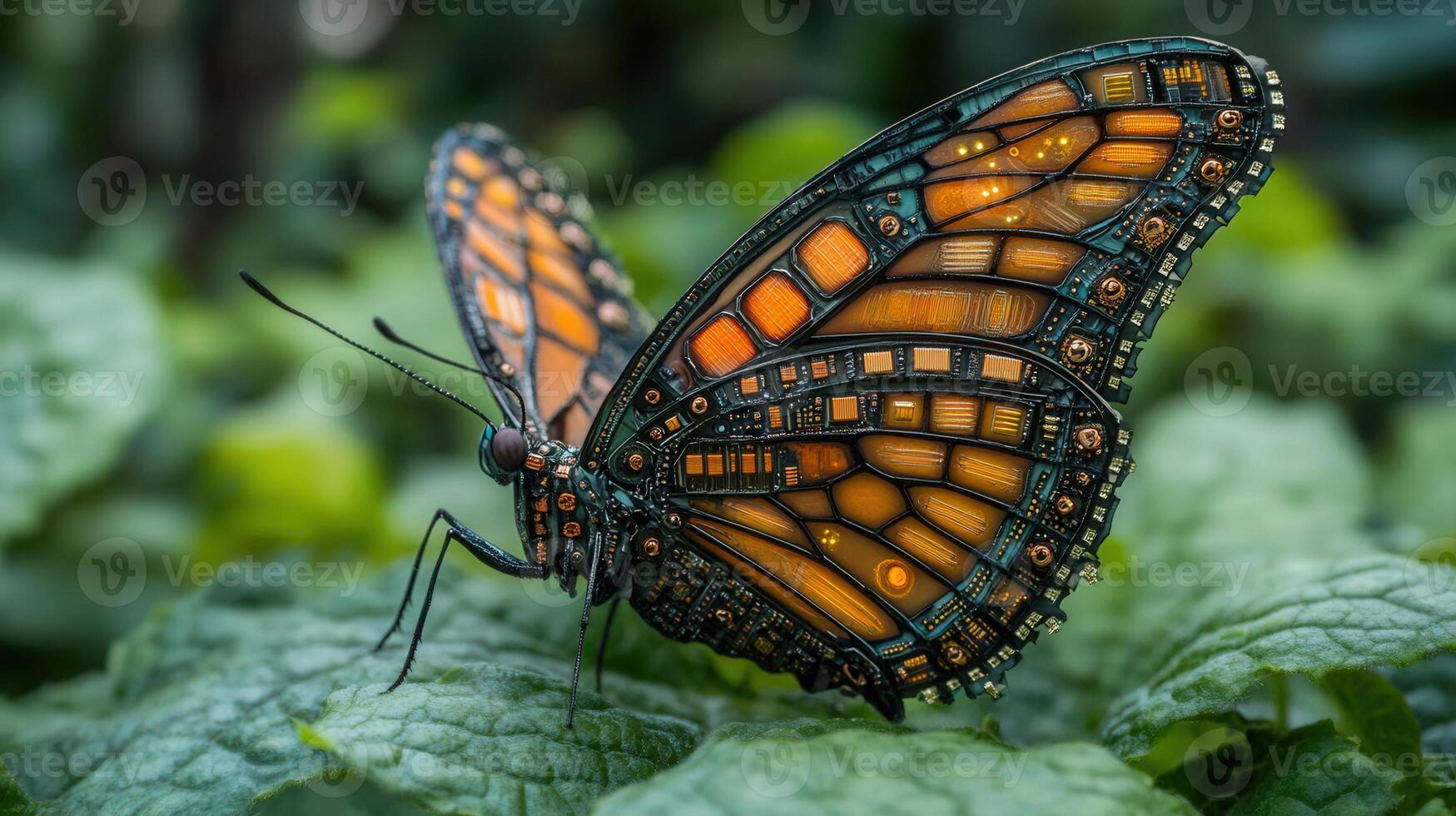 A digitally-enhanced butterfly, showcasing intricate circuit board patterns on its wings. photo