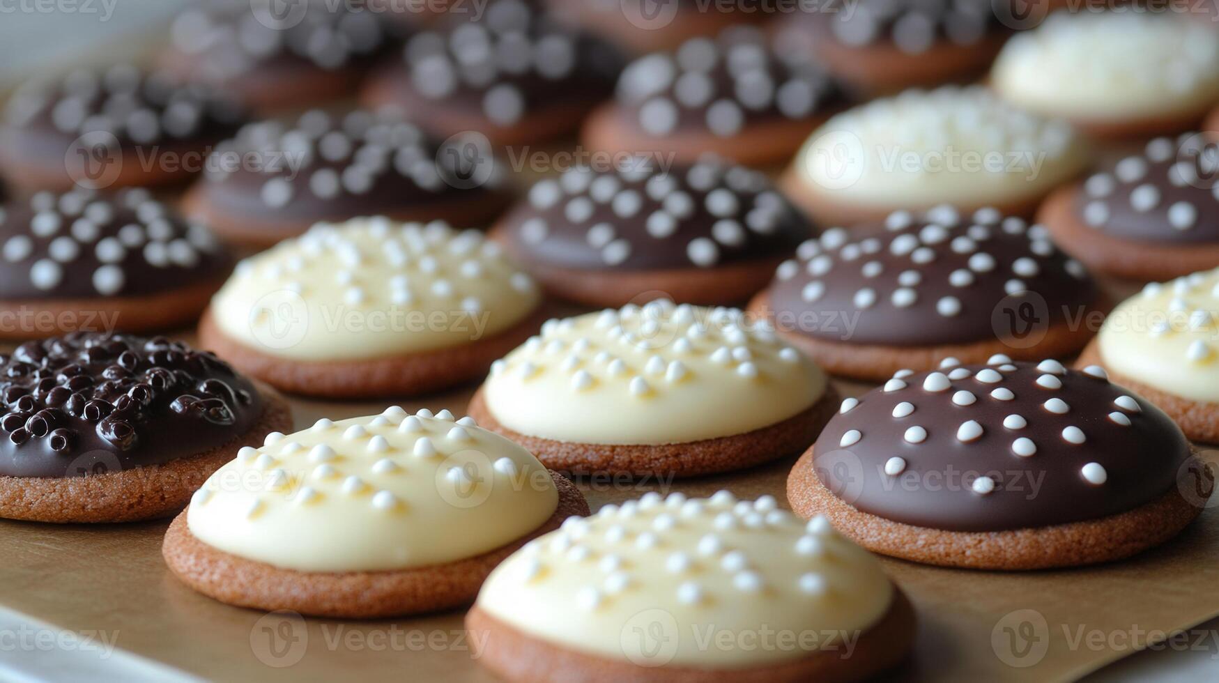 Close-up shot of assorted delicious cookies with chocolate and vanilla frosting, and sprinkles. photo