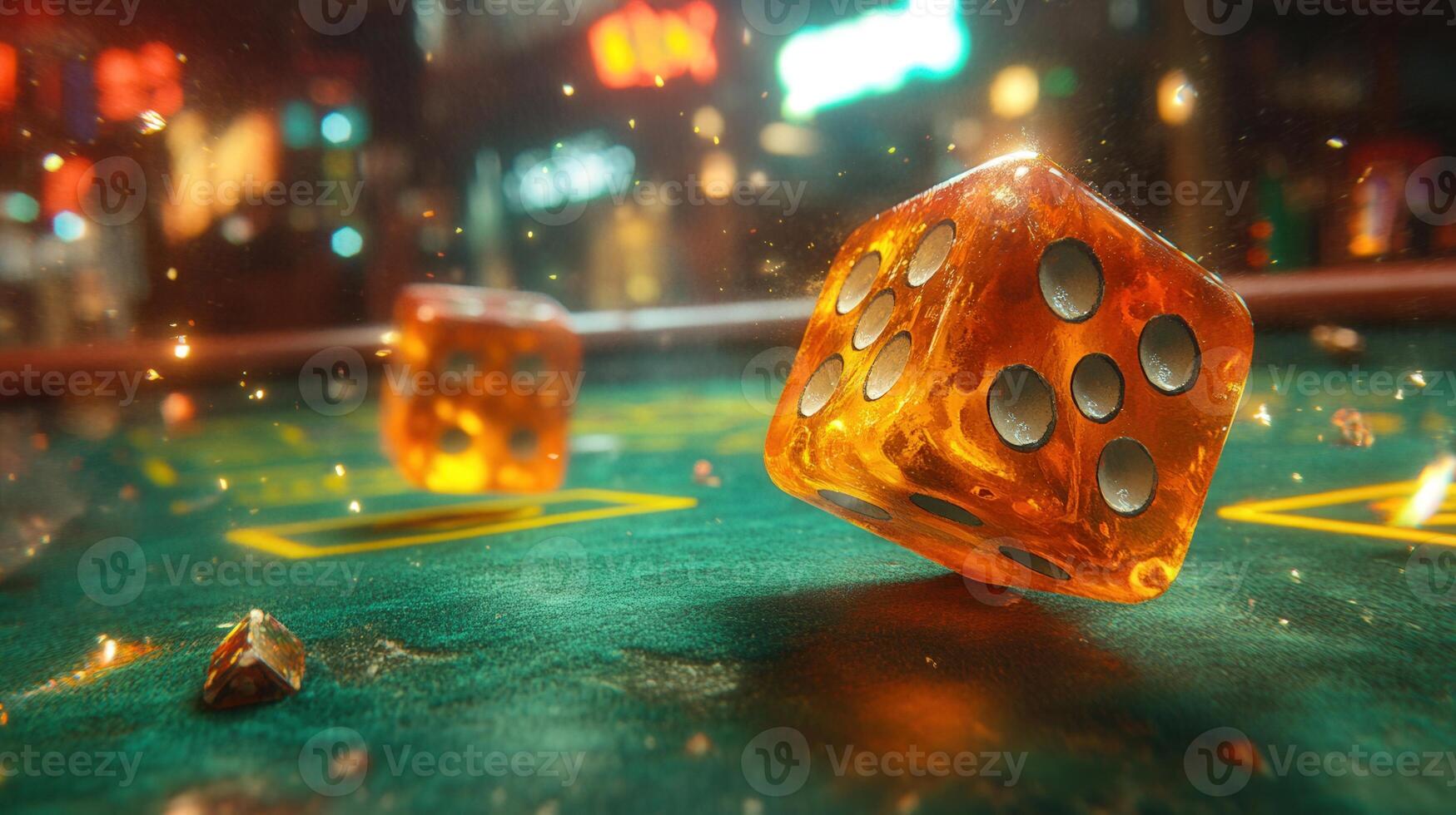 A dynamic image showcases orange dice in mid-roll, creating a vibrant casino atmosphere. photo