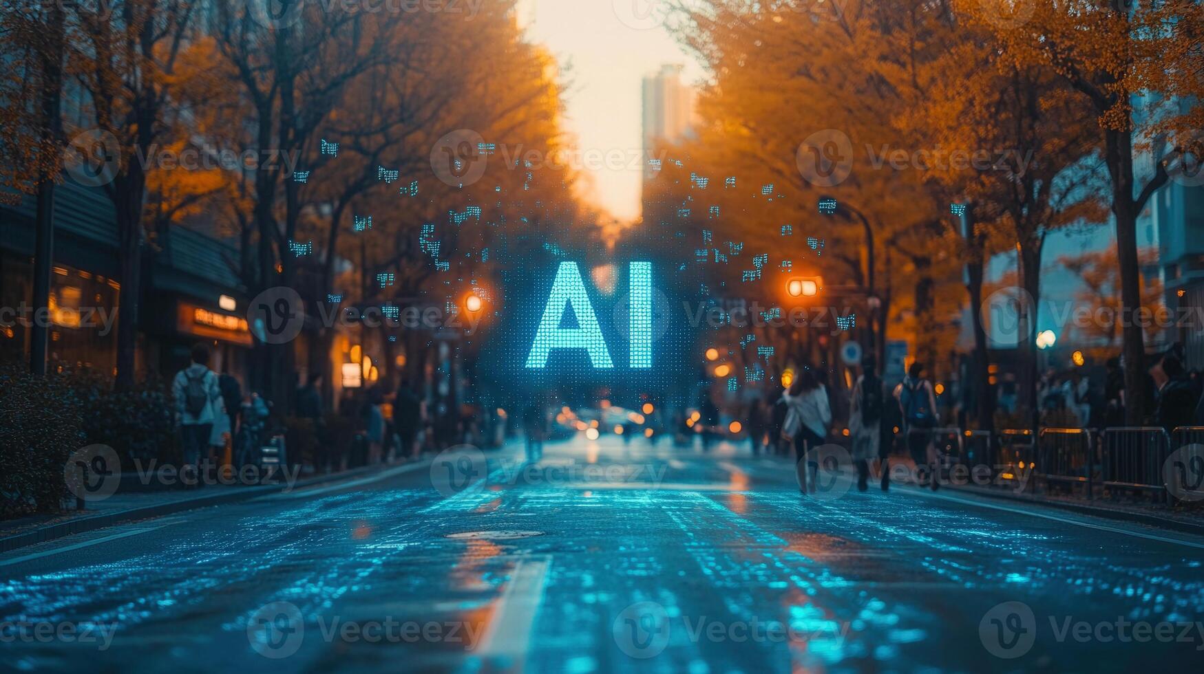 urban street scene features the glowing letters ai in a tech-focused environment photo