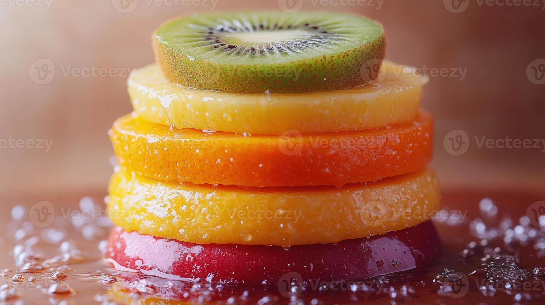 Vibrant stack of colorful fruit slices, arranged in a tower, creating a healthy and delicious display. photo