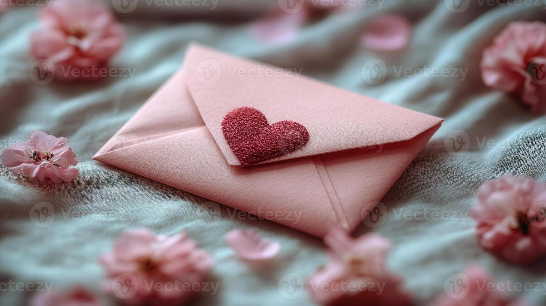 A pink envelope with a heart sticker, surrounded by beautiful, soft pink flowers and petals. photo