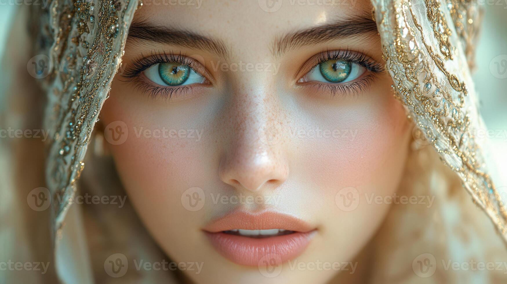 A captivating portrait showcases a woman with striking green eyes and a beautiful veil. photo