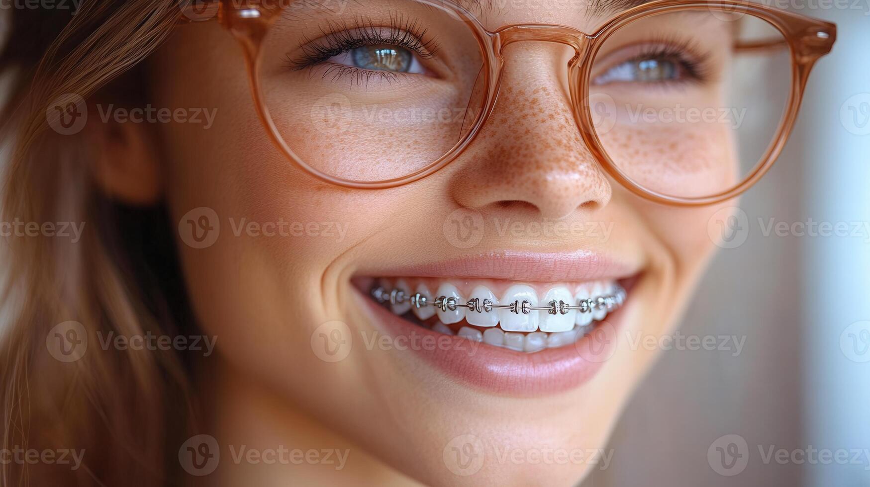 Smiling woman with braces and glasses showcases her bright, healthy smile and a positive attitude. photo