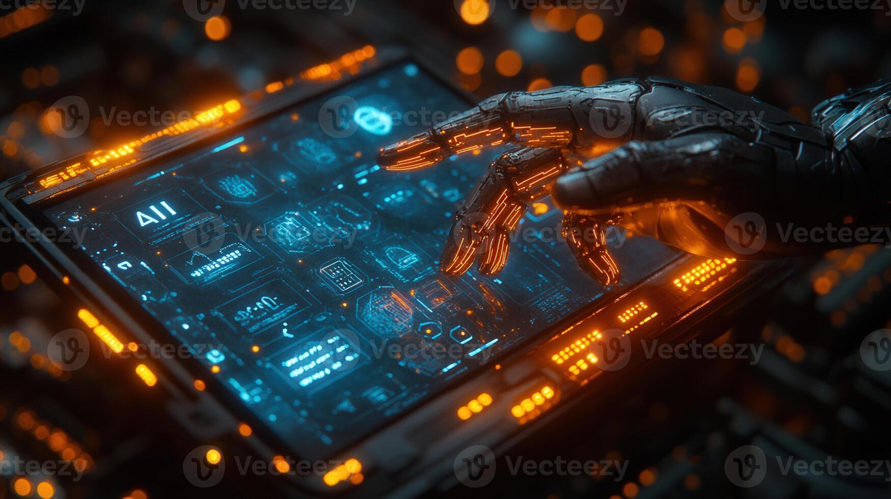 A robotic hand uses a futuristic tablet, displaying digital data and interacting with a complex interface. photo