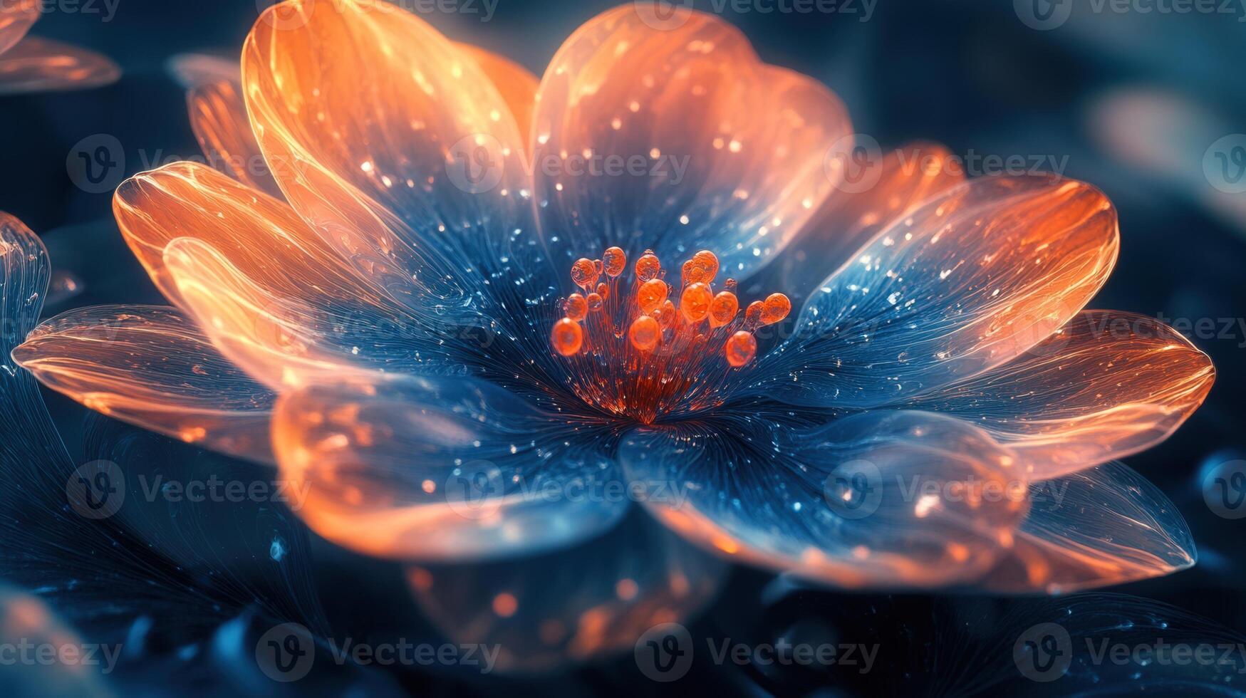 Captivating macro image of a glowing flower with stunning, contrasting blue and orange hues. photo