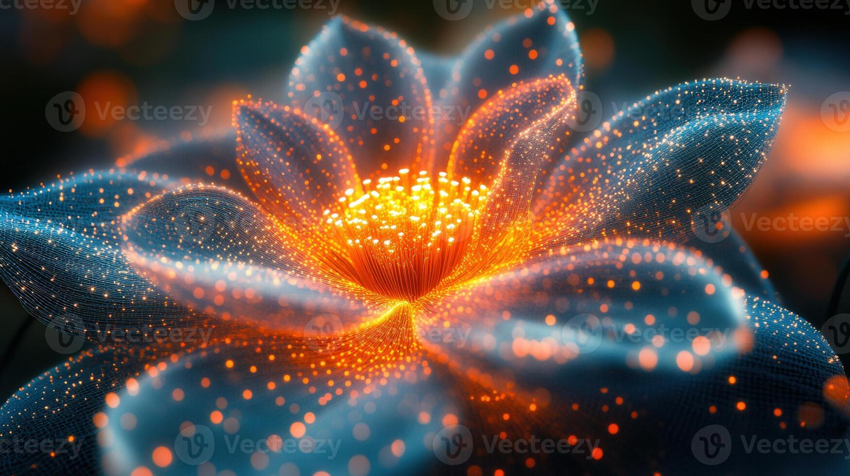 An eye-catching digital artwork of a glowing flower with vibrant orange and blue colors. photo