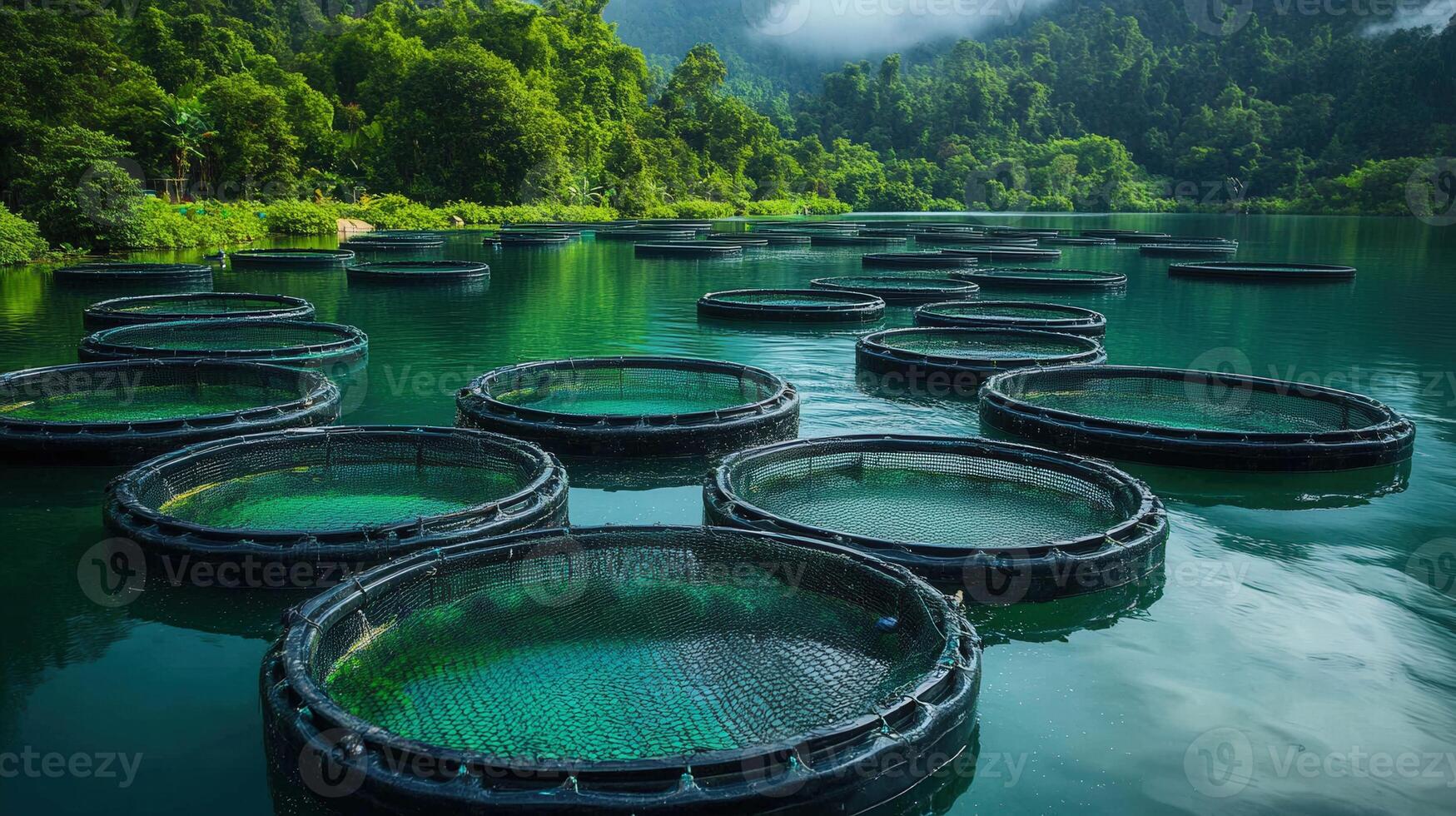 Serene fish farms sit peacefully in a calm lake, embraced by lush green forests and mountains. photo