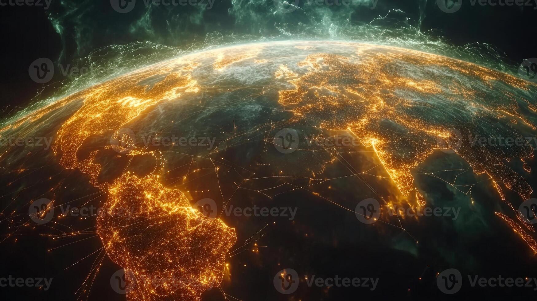 Glowing Earth at night shows global connectivity with lights illuminating the continents, showcasing data flow. photo
