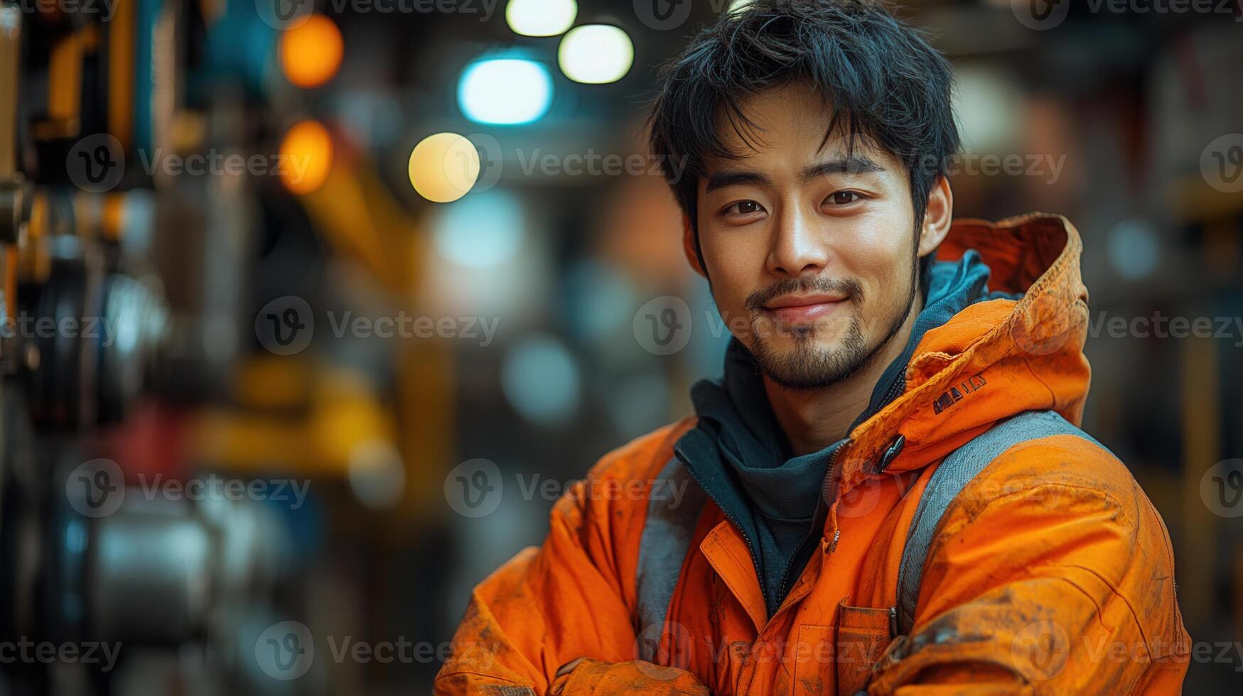 A handsome asian man smiles confidently while wearing workwear inside a industrial facility. photo