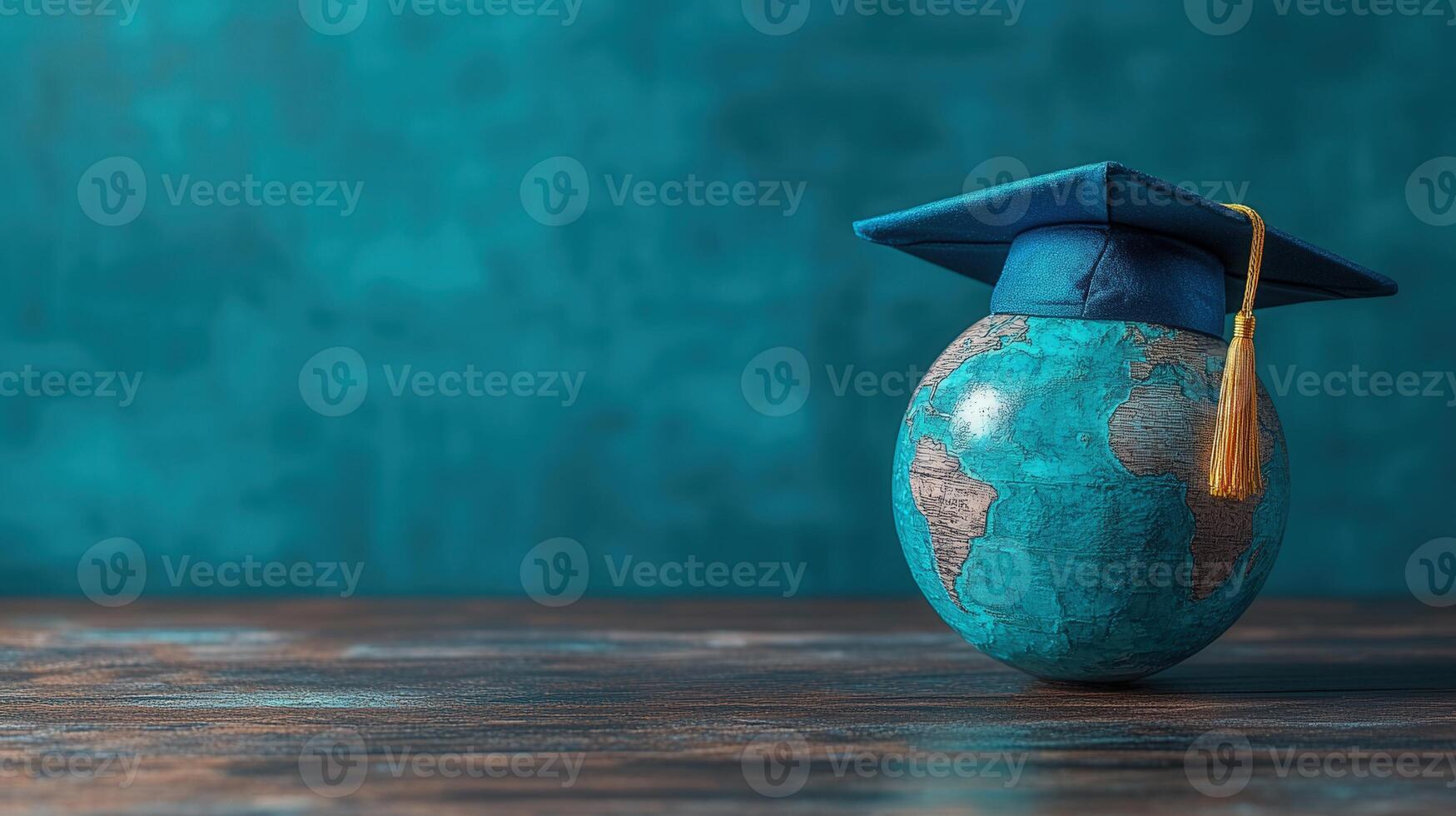 A graduation cap sits atop a globe, representing global education and academic success. photo