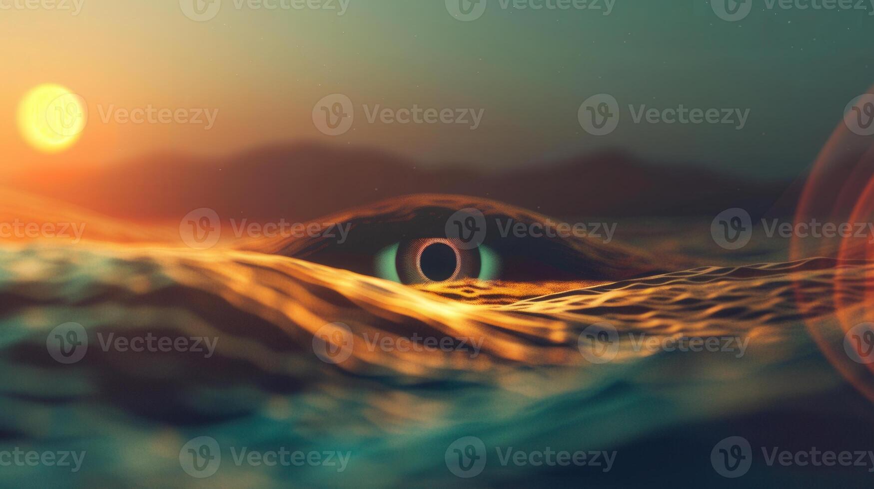 A surreal seascape with an eye emerging from the ocean under a vibrant sunset scene. photo