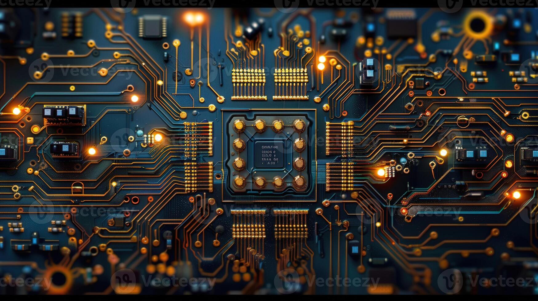 Intricate computer circuit board lit up showing electronic pathways and connections in detail. photo
