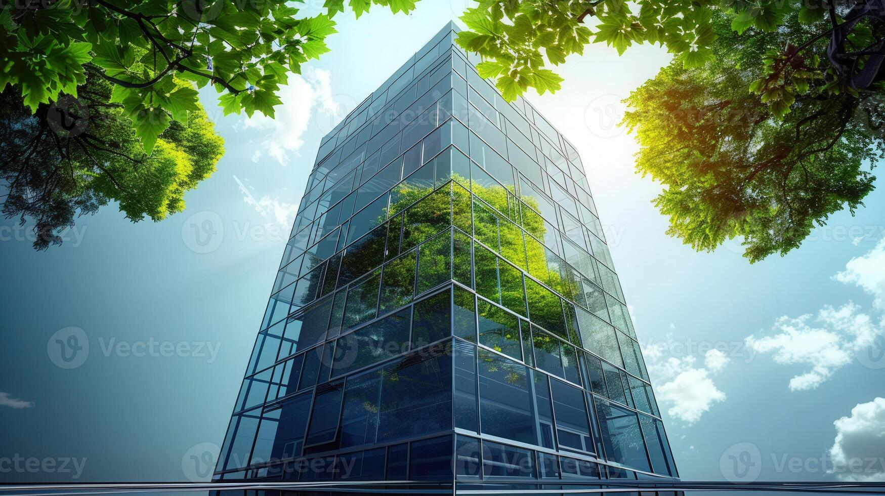 A stunning skyscraper with reflective glass walls framed by vibrant green trees and a bright blue sky. photo
