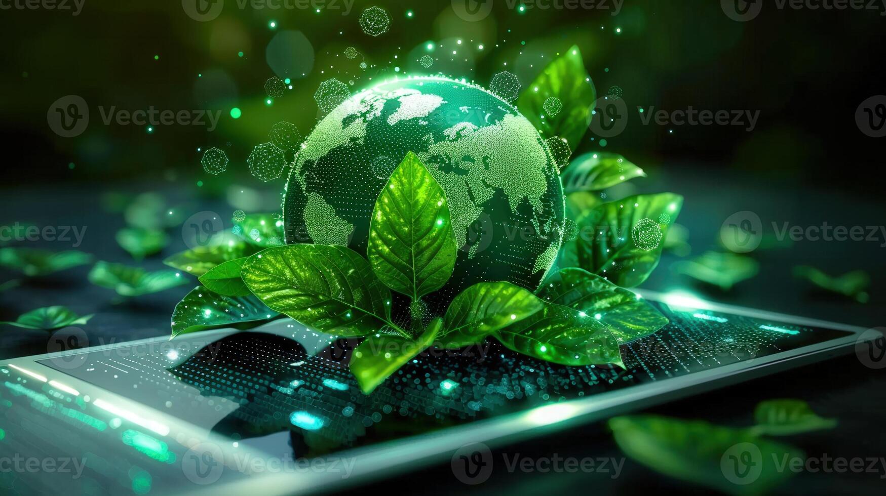 A digital earth surrounded by leaves sits on a tablet, showcasing nature and technology. photo