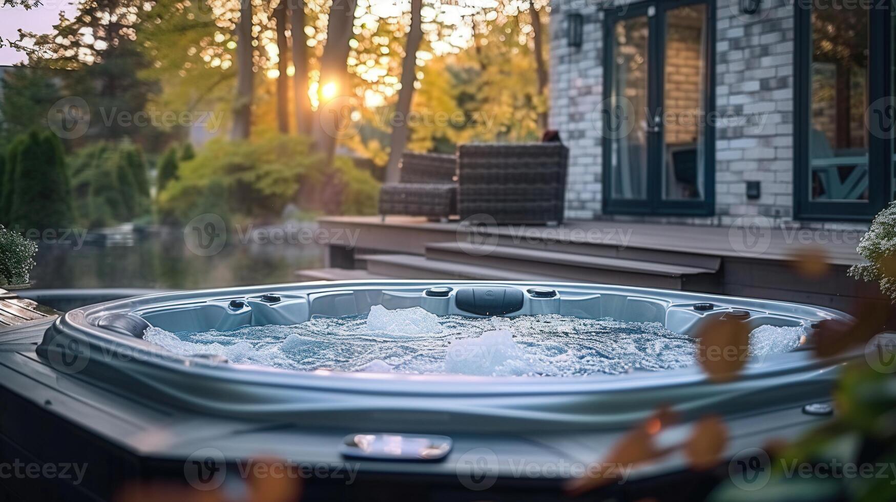 A relaxing jacuzzi bubbles on a deck, bathed in the warm glow of the evening sun, near a house. photo