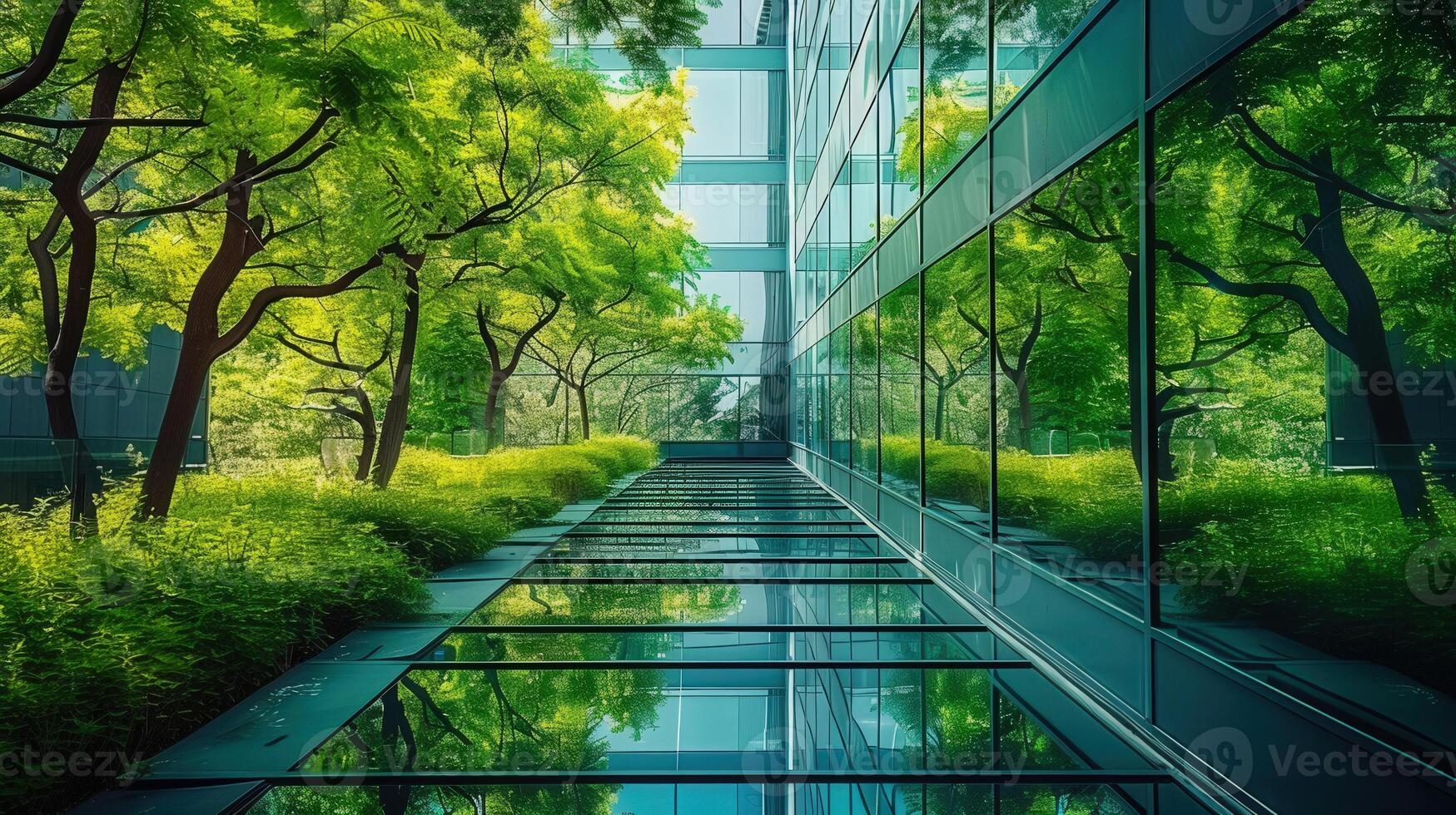 A modern building with a glass facade reflects green trees and natural environment. photo