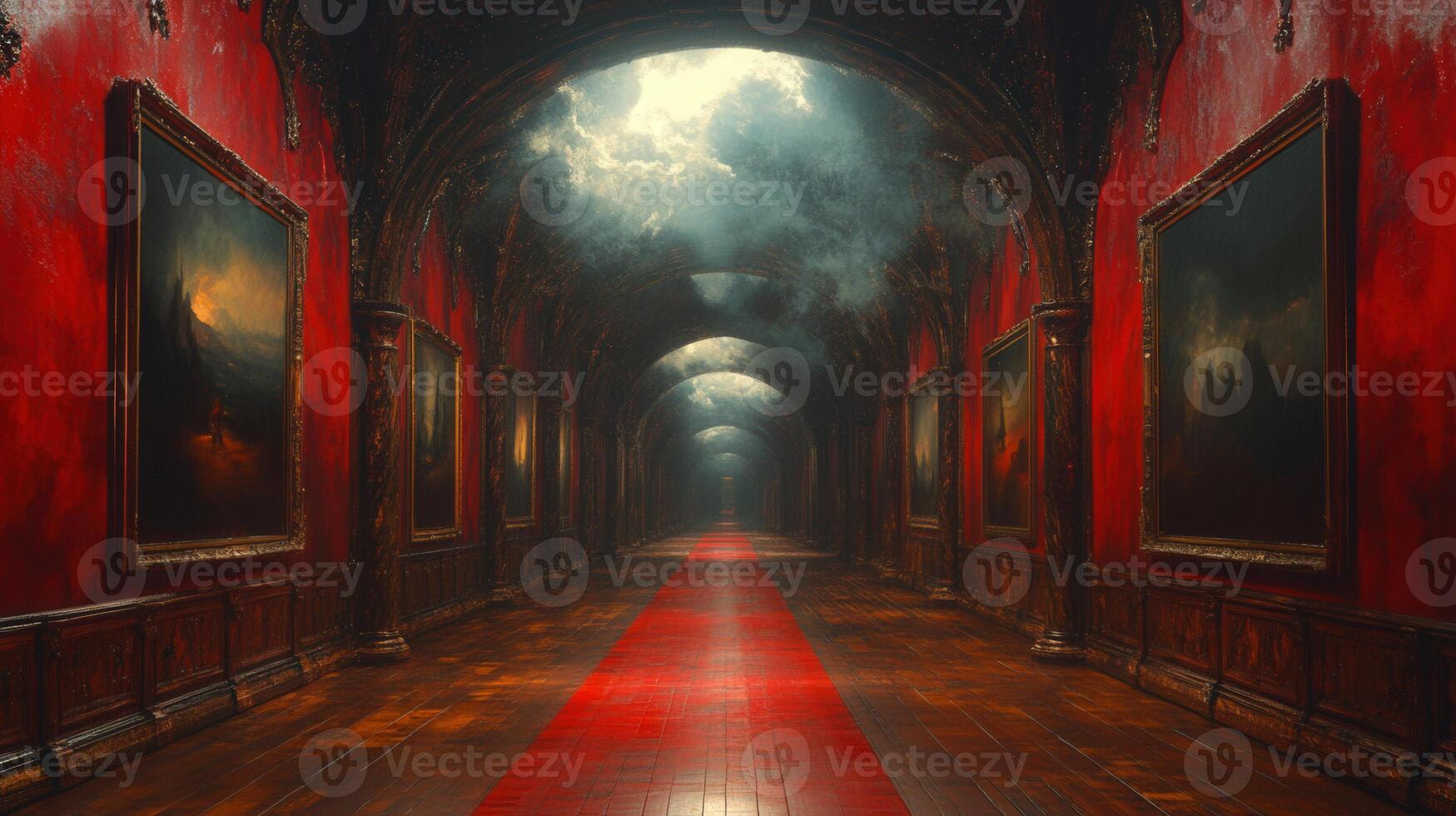 A captivating hallway scene with framed artworks and a red carpet under dramatic lighting. photo