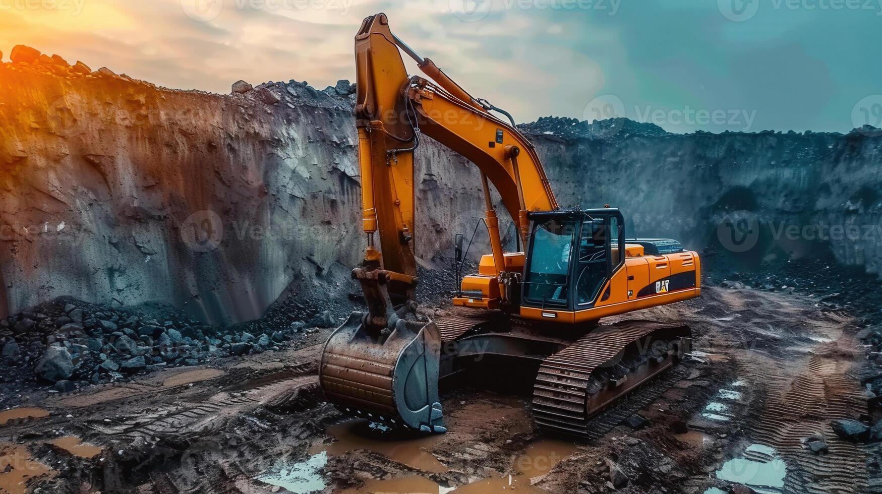 A large yellow excavator diligently works on a construction site at a quarry. photo