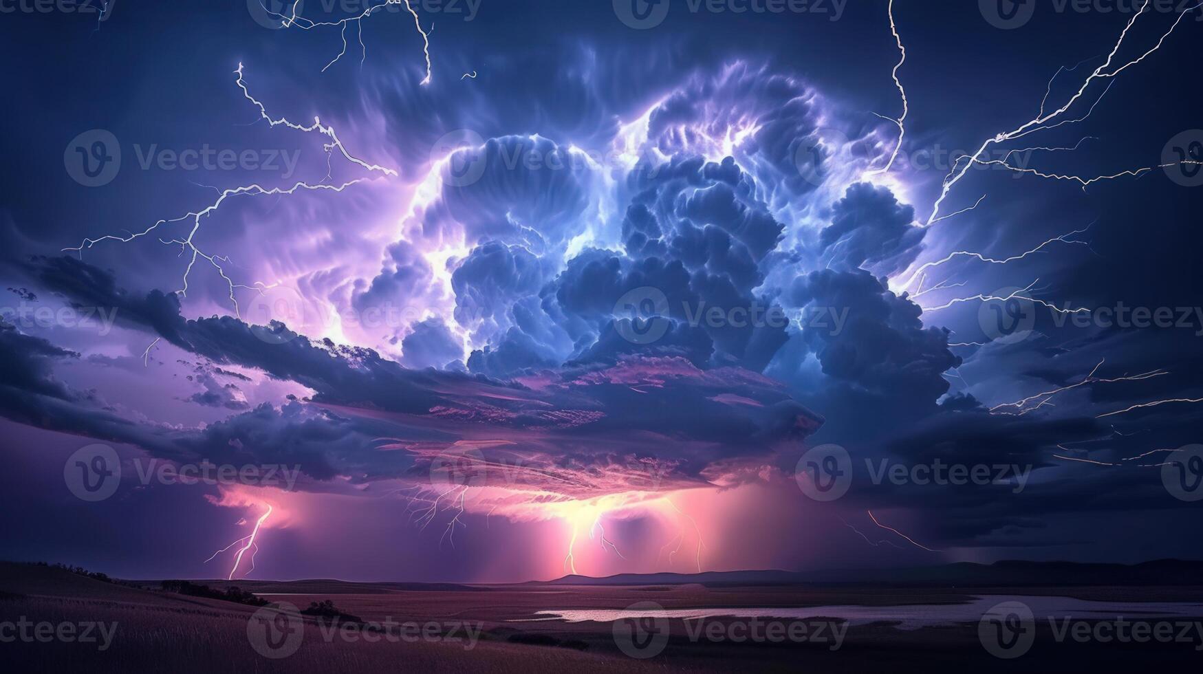 Spectacular view of a thunderstorm, where lightning dramatically lights up the dark clouds. photo
