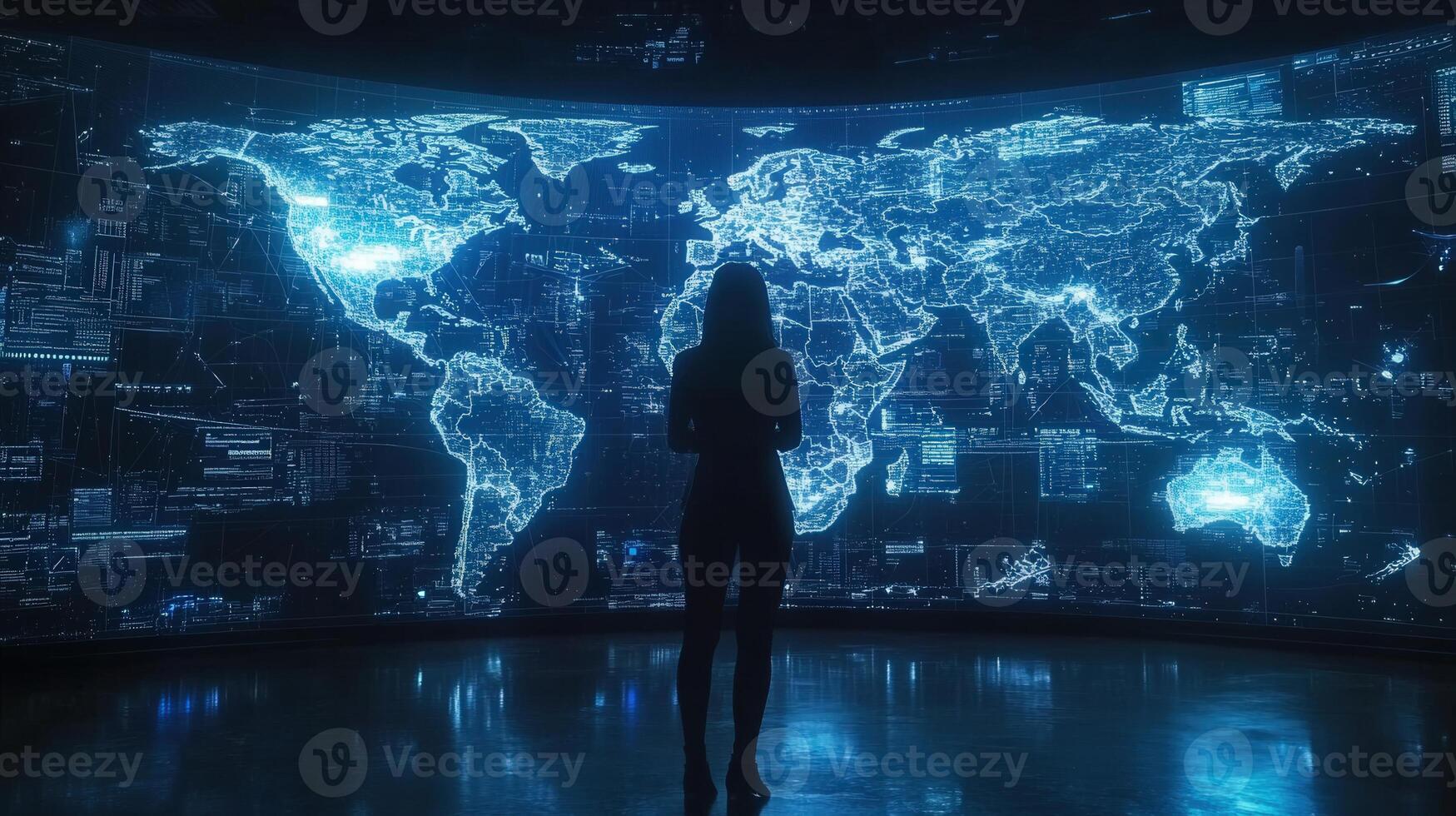 A woman observes a digital world map with glowing data, visualizing global connections and networks. photo