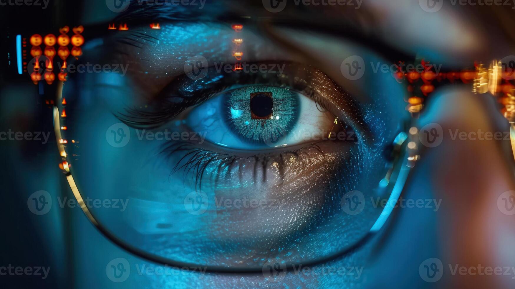 A striking eye is enhanced with digital interfaces, showcasing futuristic vision and advanced technology. photo