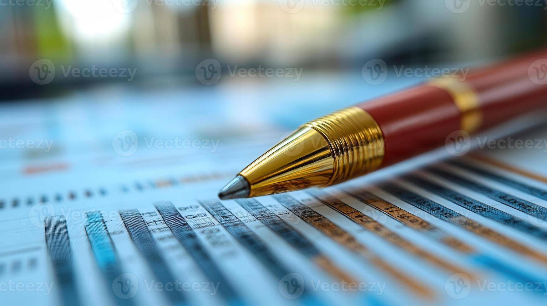 A detailed close-up shot features a pen resting on financial charts and reports. photo