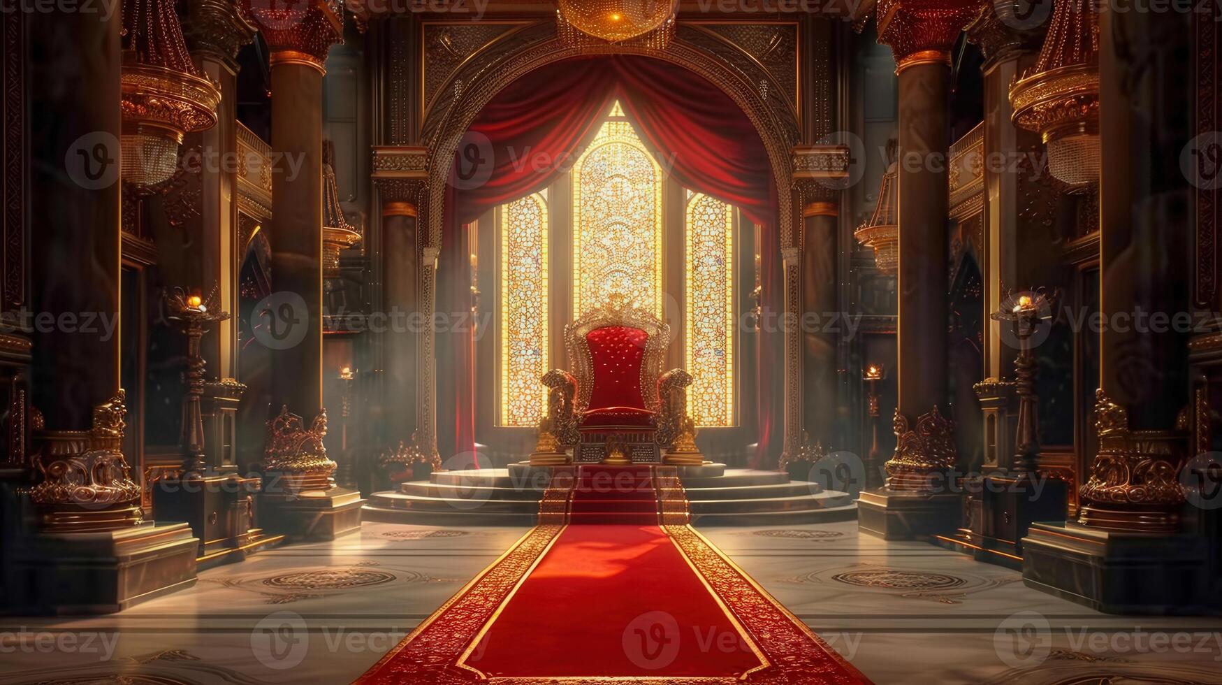 The throne room exudes opulence and power with its red carpet leading to a majestic throne. photo