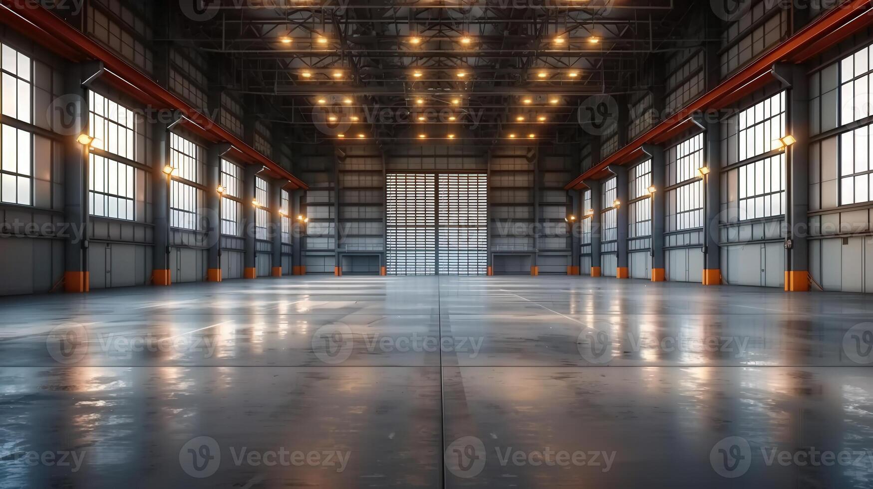 An expansive, empty warehouse interior showcases a sleek industrial design and open, bright spaces. photo