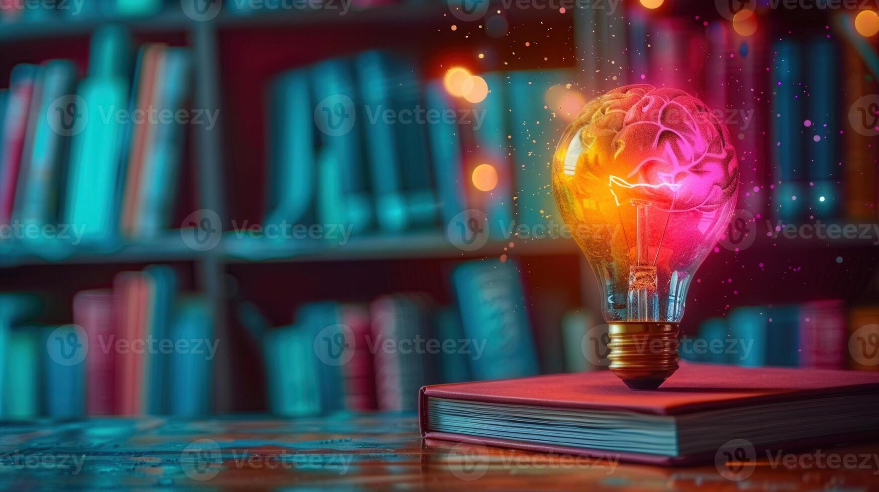 A colorful brain-shaped lightbulb sits on a book in front of a bookshelf, representing ideas. photo