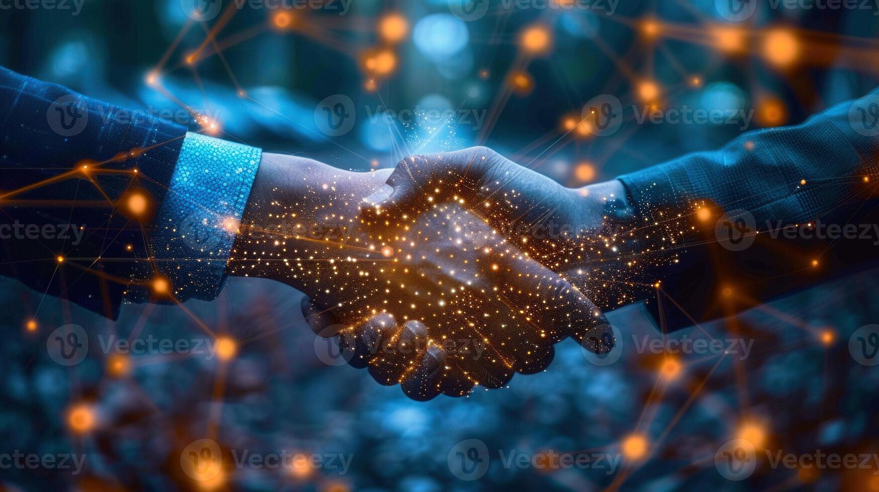 A glowing digital handshake symbolizes business partnership and technological advancements. photo