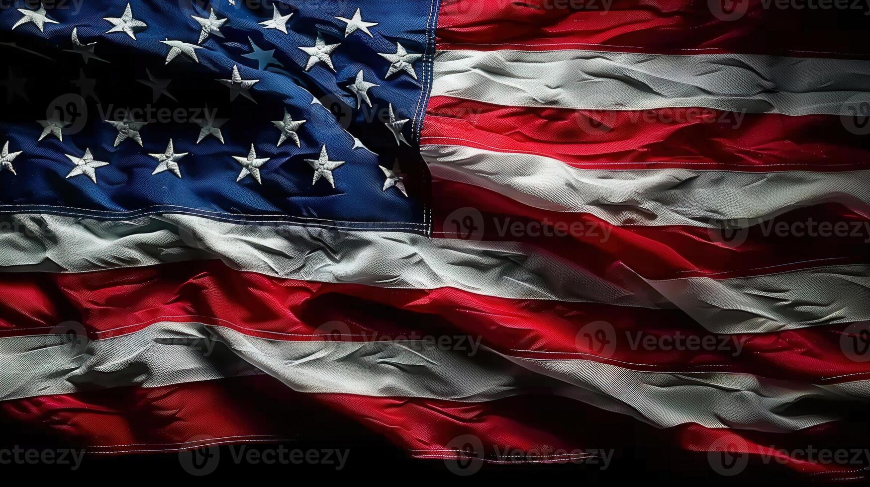 A beautiful close-up view of the waving american flag, displaying its iconic stars and stripes. photo