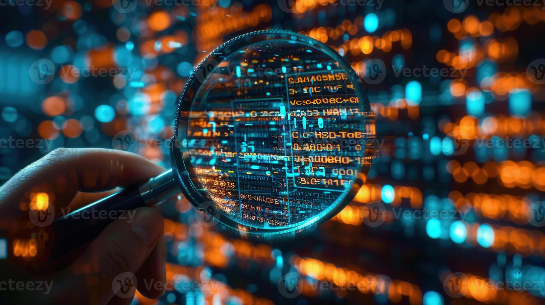 A person examines data using a magnifying glass, representing technology and analysis. photo