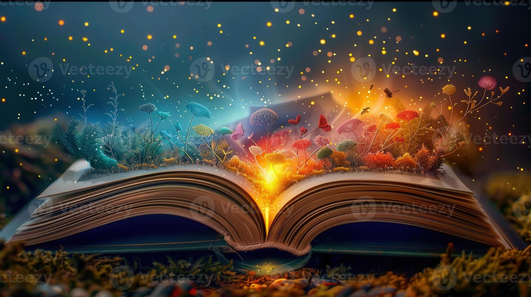 An open book bursts with vibrant plants and dazzling lights, creating a magical fantasy world. photo