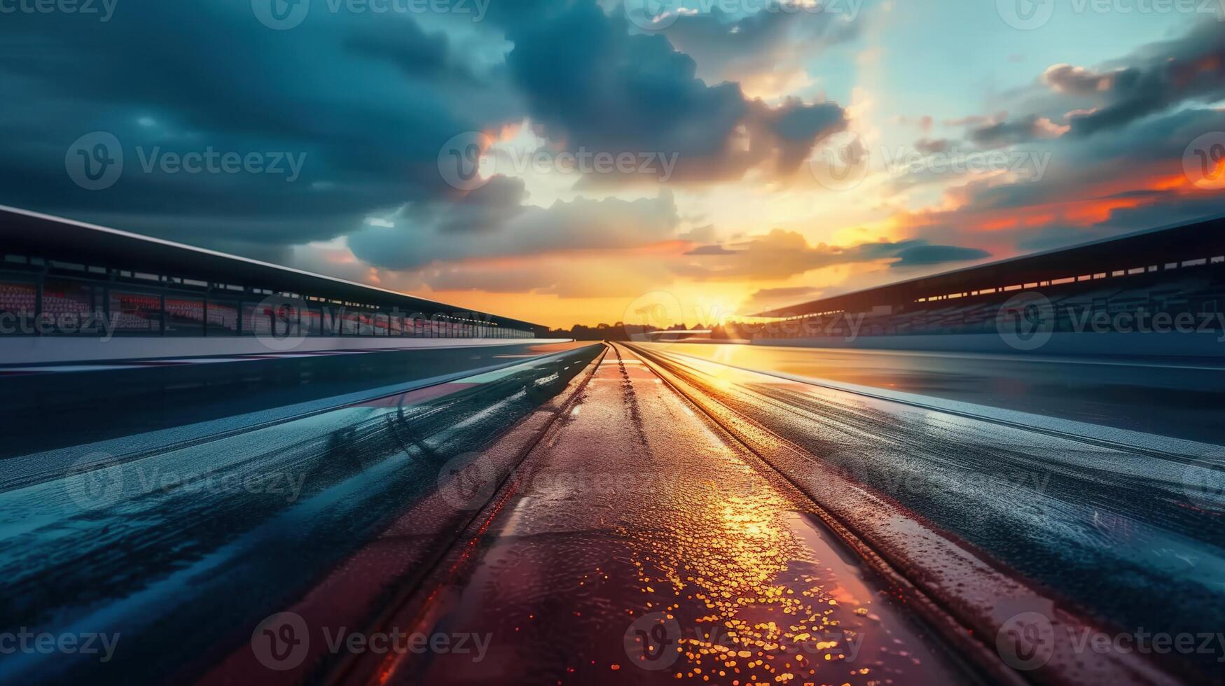 A wet racetrack at sunset, showcasing the beautiful sky and the horizon's vibrant colors. photo
