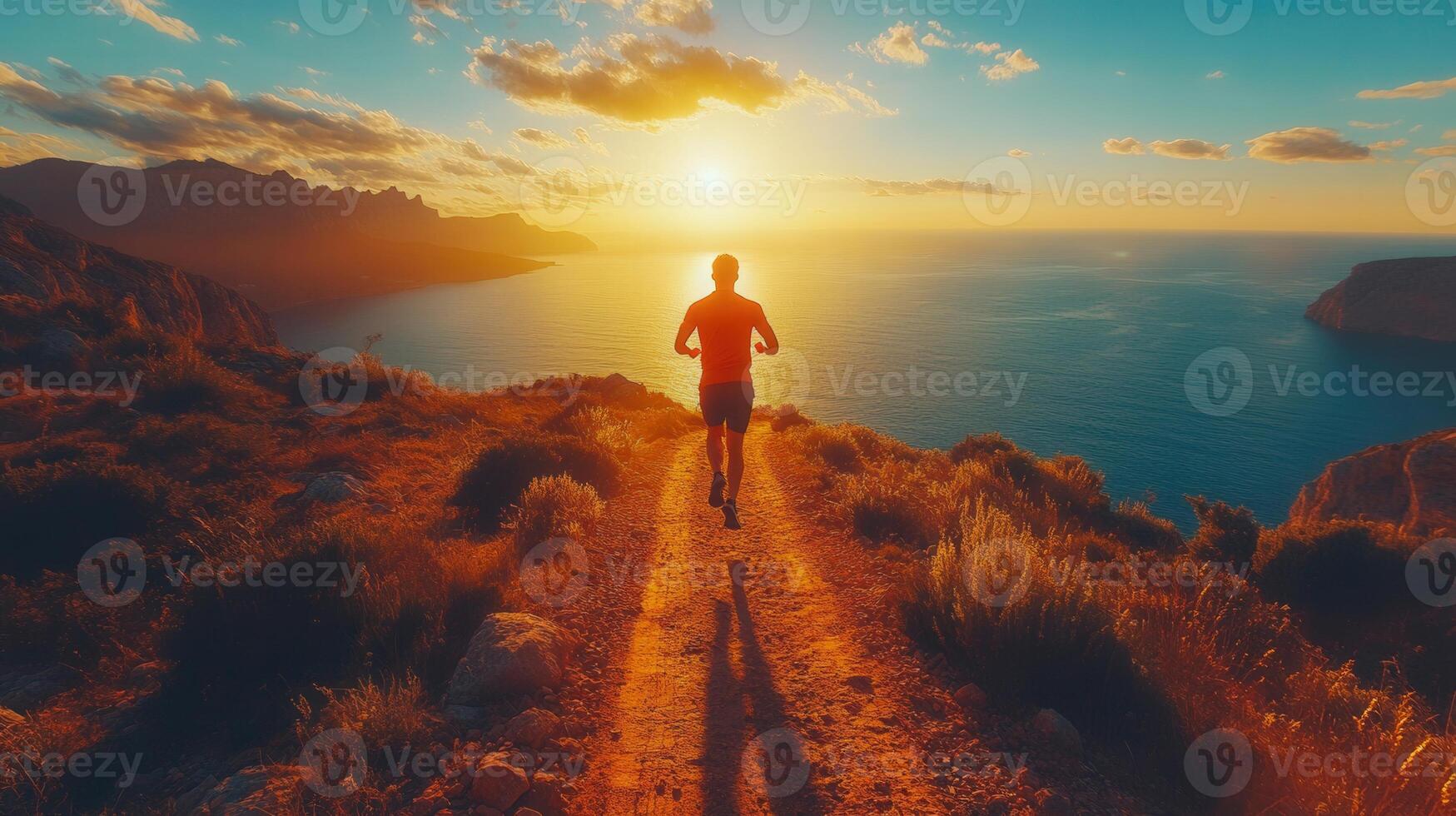 A runner enjoys a scenic run along a coastal trail during a vibrant sunrise. photo