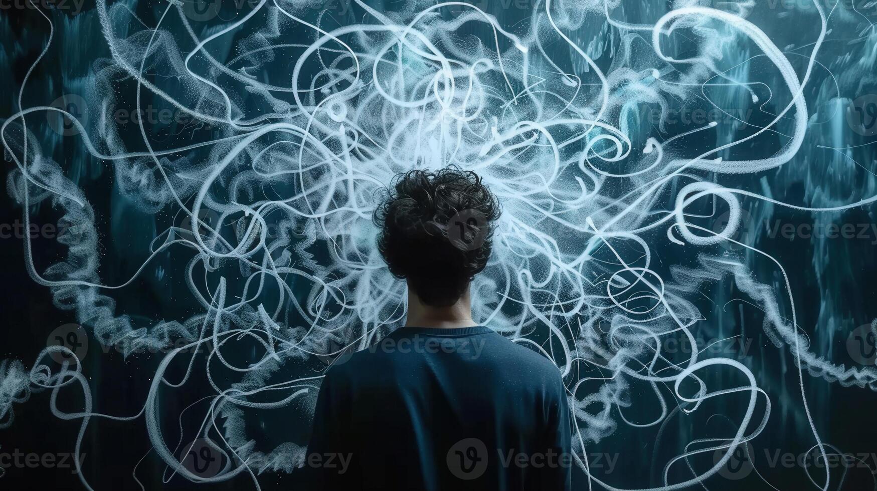 A person gazing at a complex white art design, representing ideas and thoughts. photo