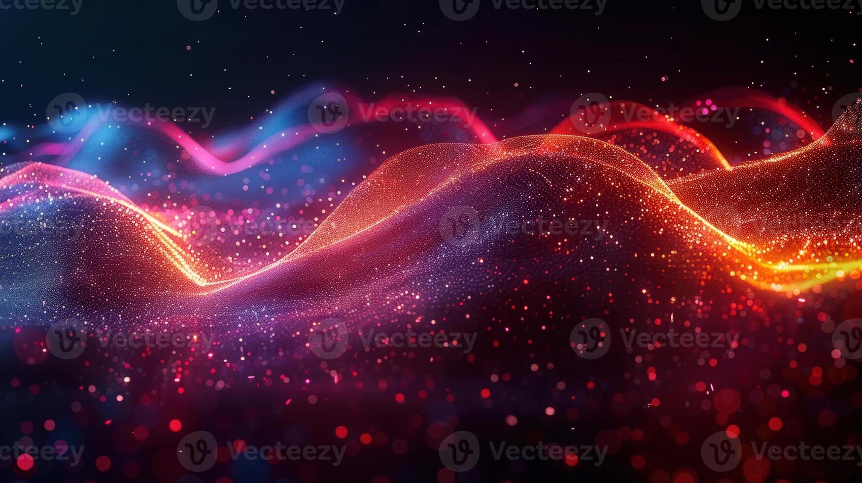 A vibrant, abstract digital composition showcasing flowing waves of light and particles. photo