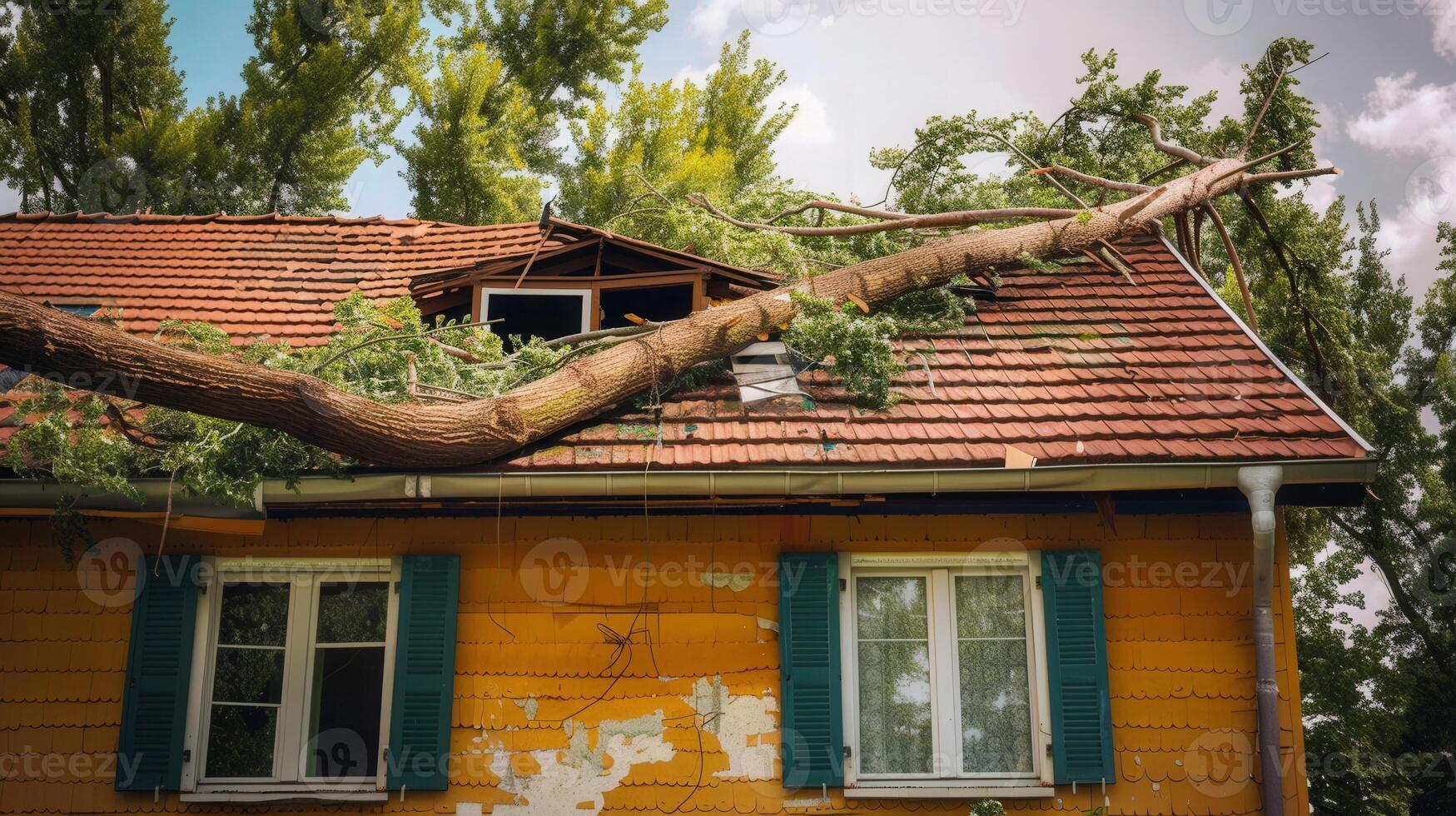 A large tree trunk rests upon the roof of a house, showcasing severe storm damage and destruction. photo
