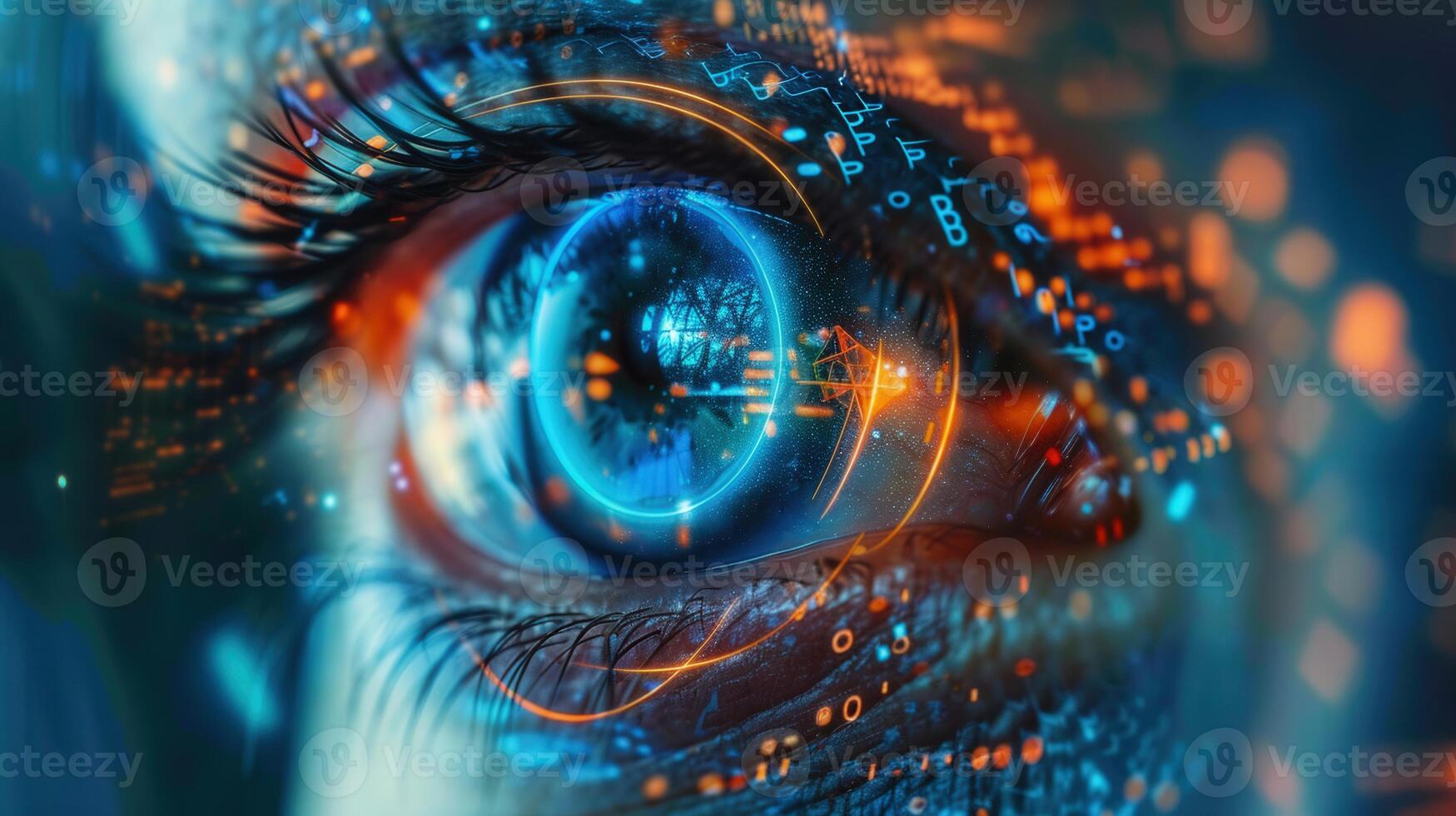 A captivating close-up of an eye, merging with digital circuits and futuristic technology. photo