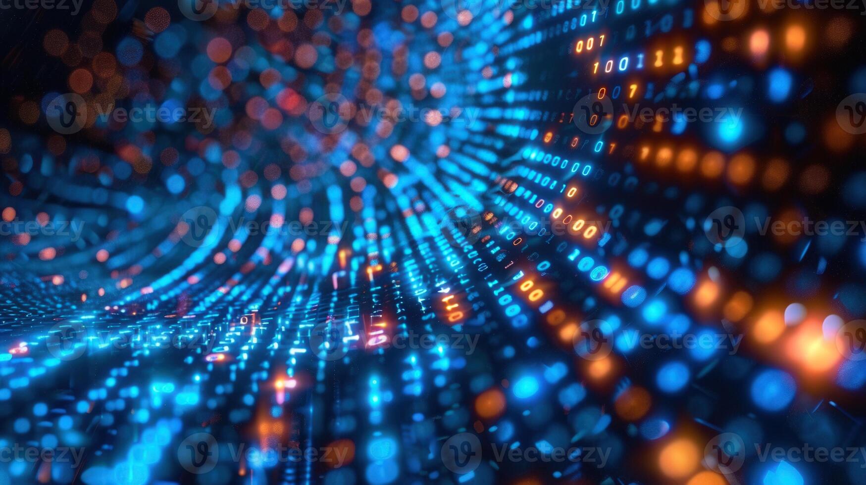 A dynamic illustration of binary code flowing in a digital network, glowing with blue and orange lights. photo