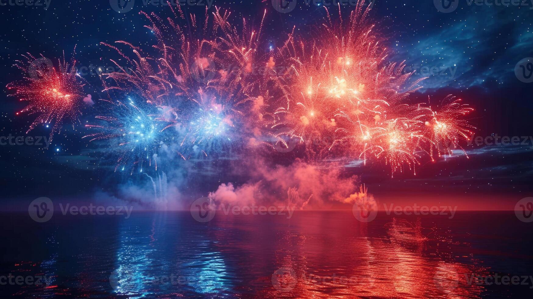 Vibrant fireworks paint the night sky above the serene ocean, creating a stunning display. photo