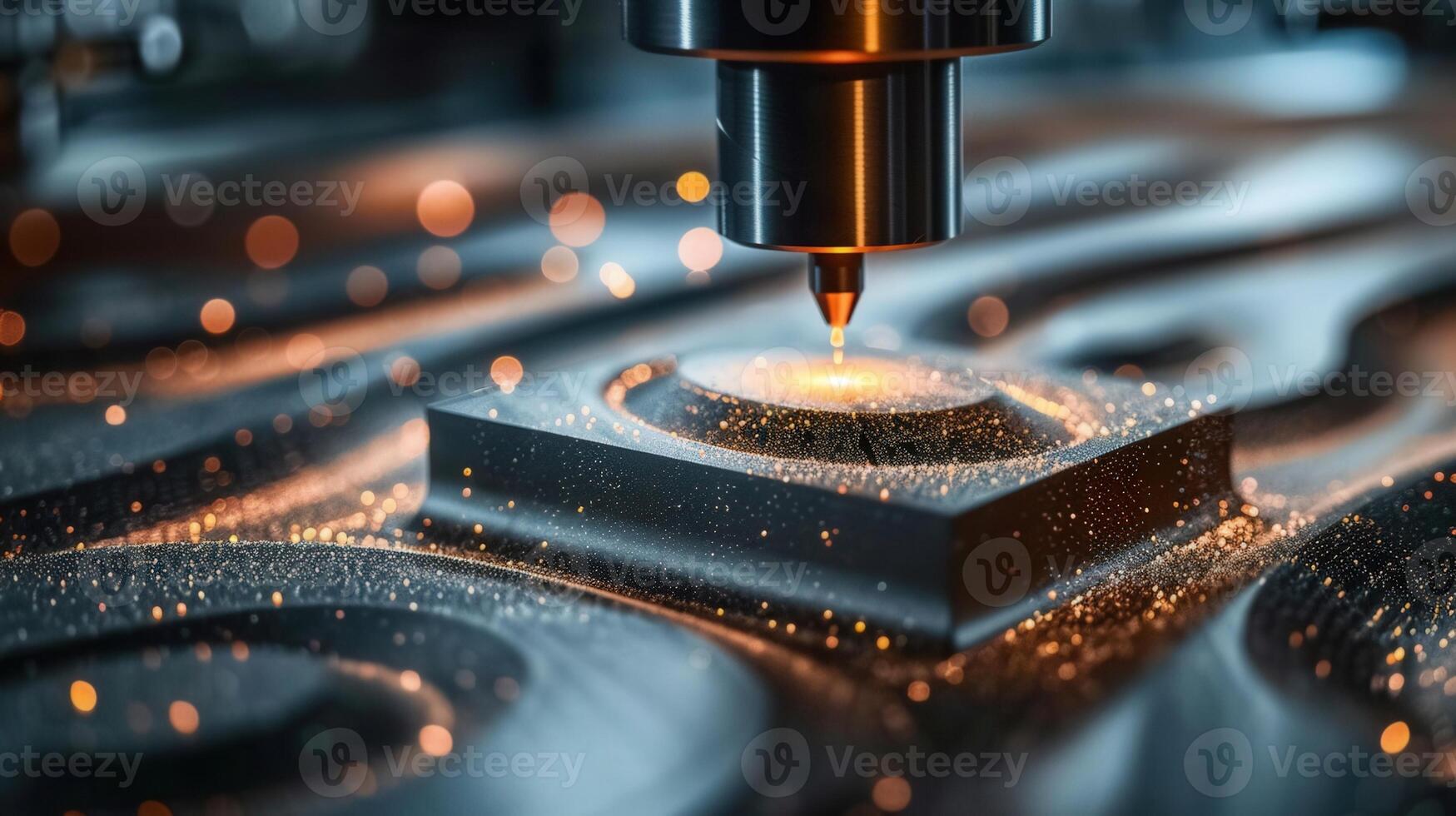 A close-up view of a cnc machine working on a piece of metal with sparks illuminated. photo