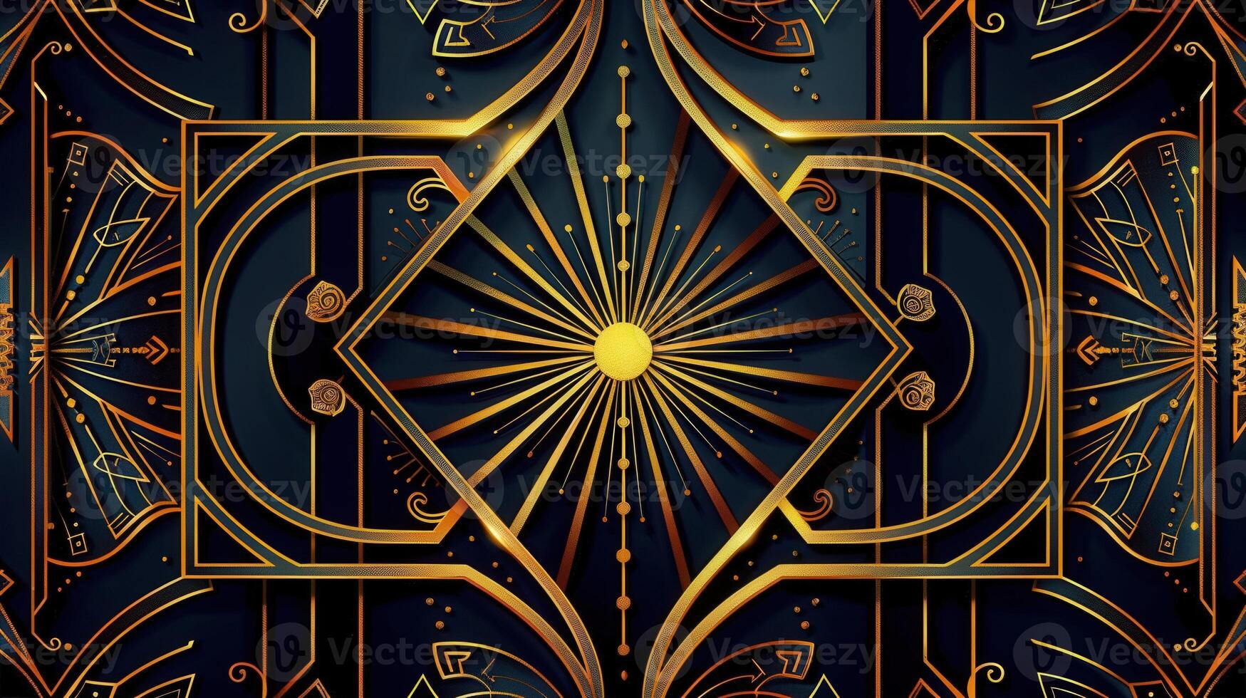 Stunning art deco pattern featuring intricate gold details on a dark, elegant backdrop. photo