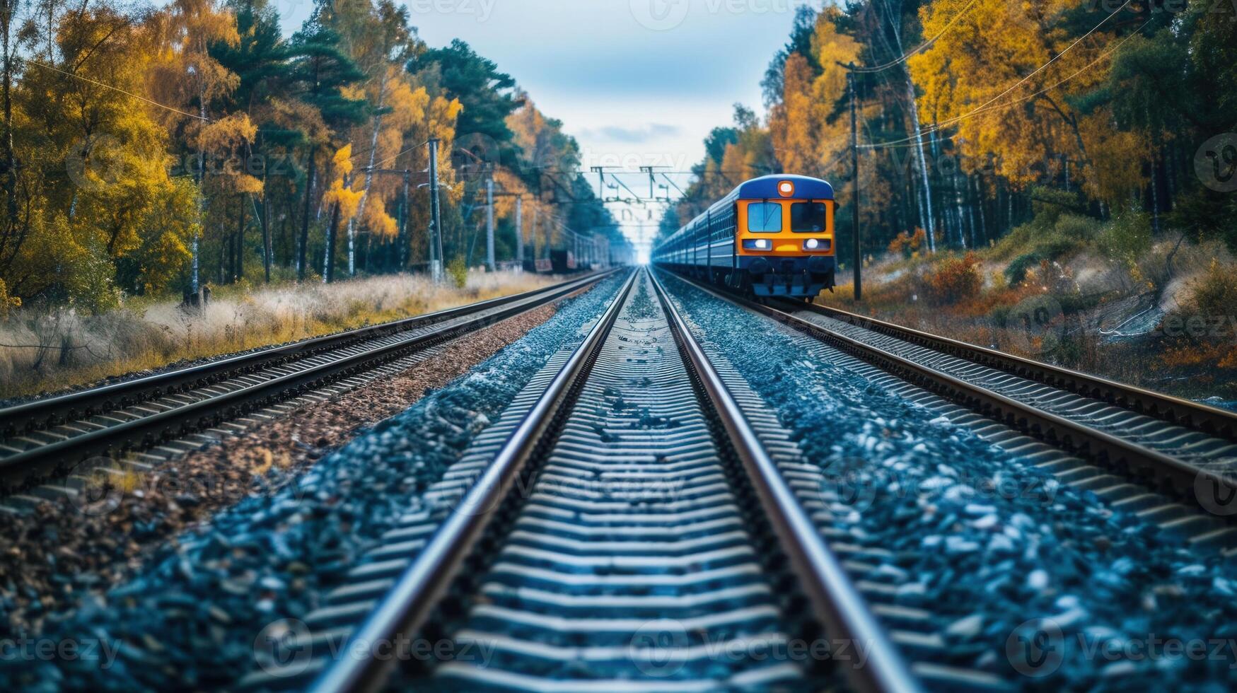 A passenger train travels along the railway tracks through a vibrant forest during autumn. photo