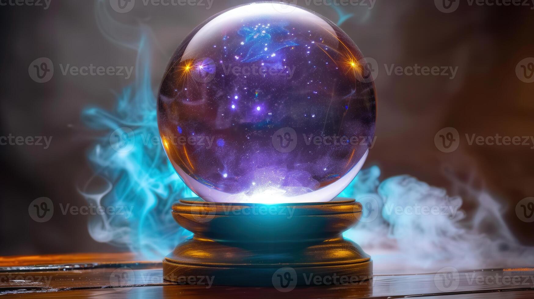 A glowing crystal ball with a universe inside amidst wisps of smoke and mystery. photo
