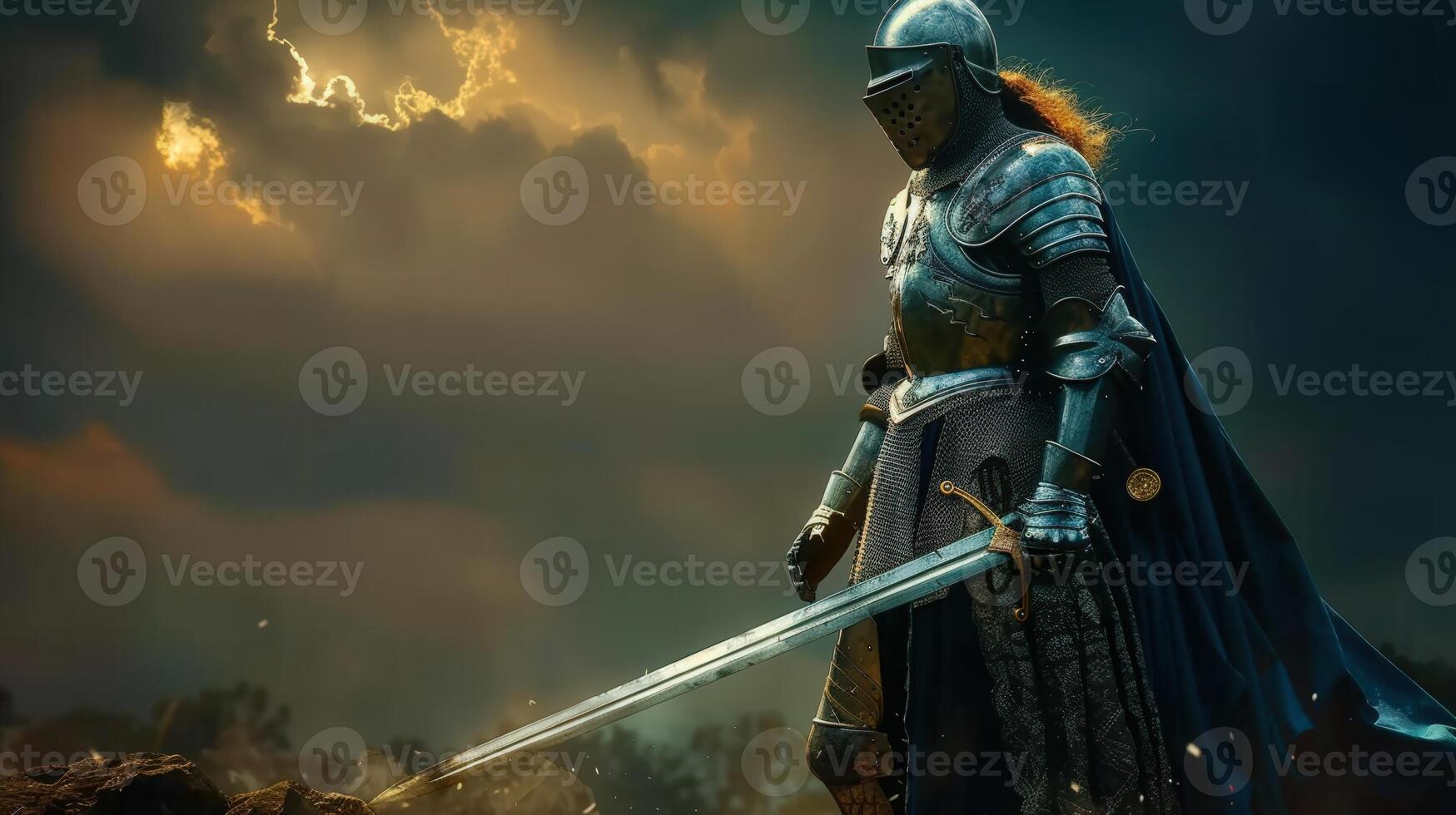 A formidable knight stands ready for combat, clad in gleaming armor, holding a large sword. photo