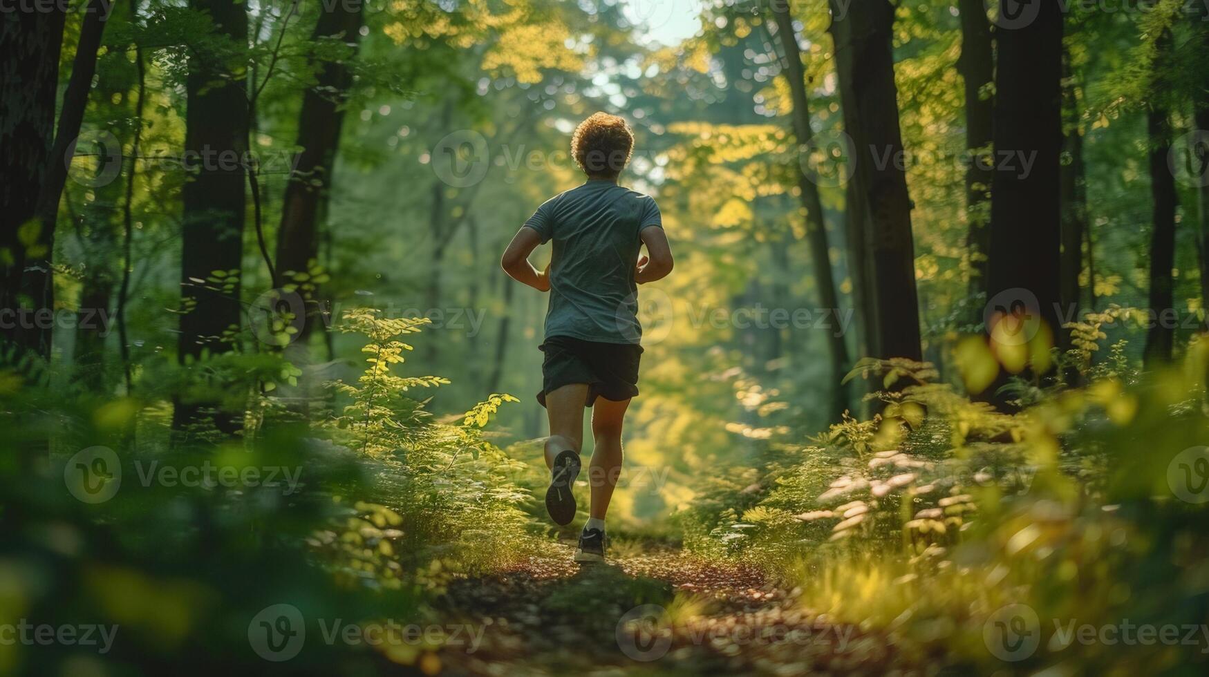 A man sprints along a forest trail, surrounded by green trees and sunshine in the woods. photo