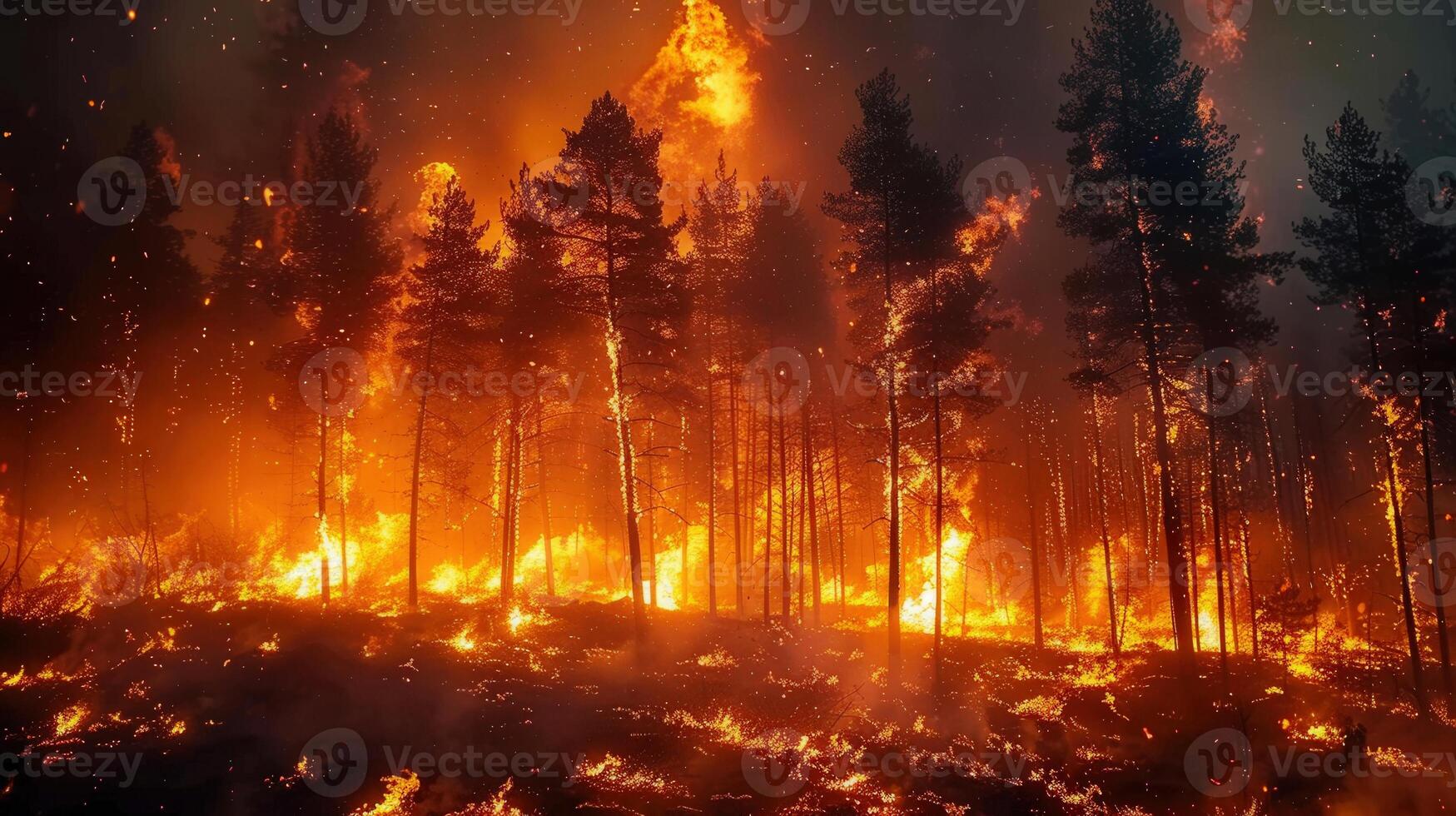 A dramatic scene of a raging forest fire, with flames engulfing the trees and sky. photo